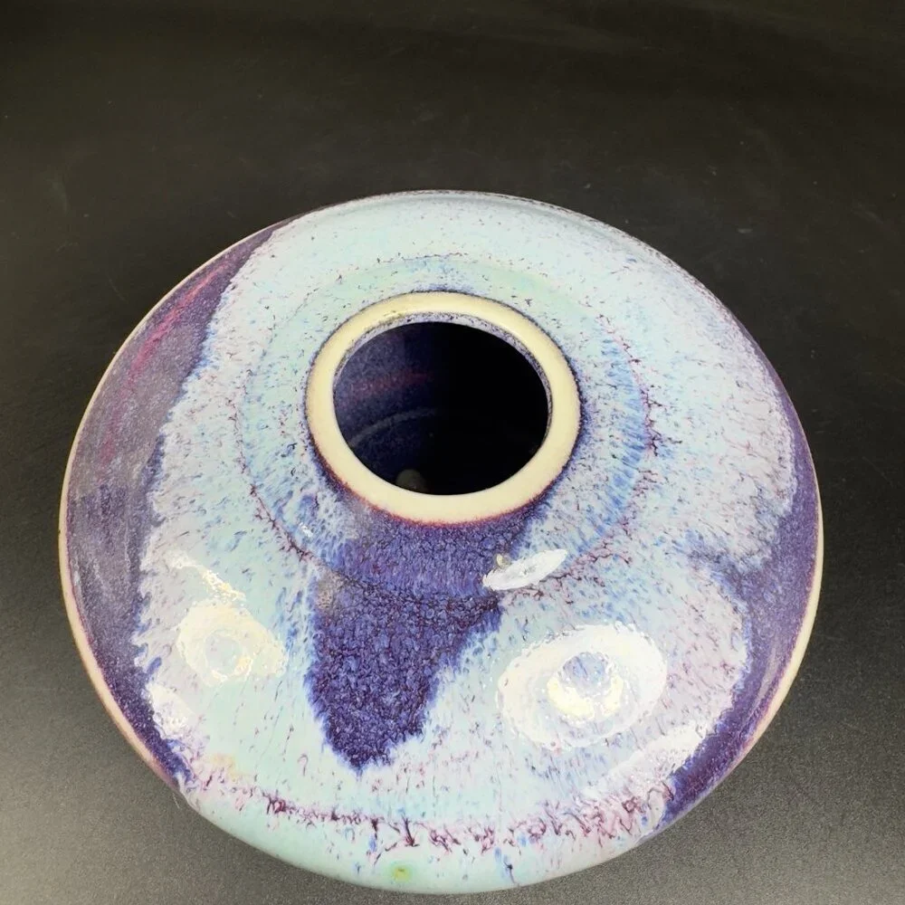 Vintage Hand Made Studio Art Pottery‎ Flat Vase Vessel Multicolor Glaze Vase VTG